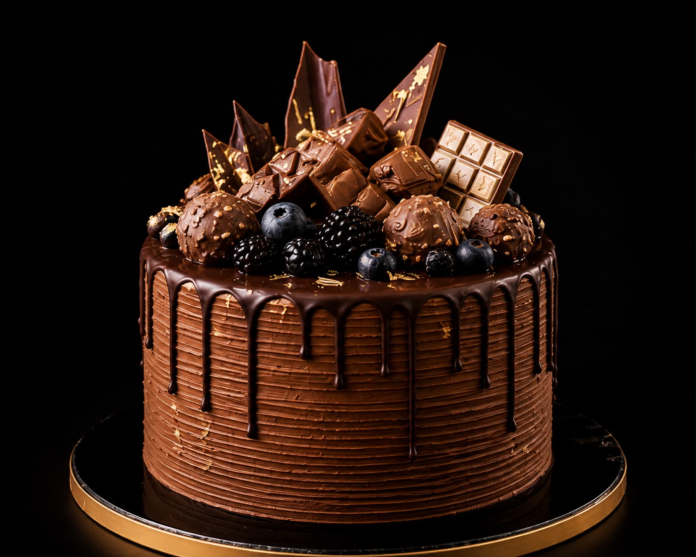 Schokoladentorte mit Ganache-Drip, Pralinen, Beeren und Blattgold