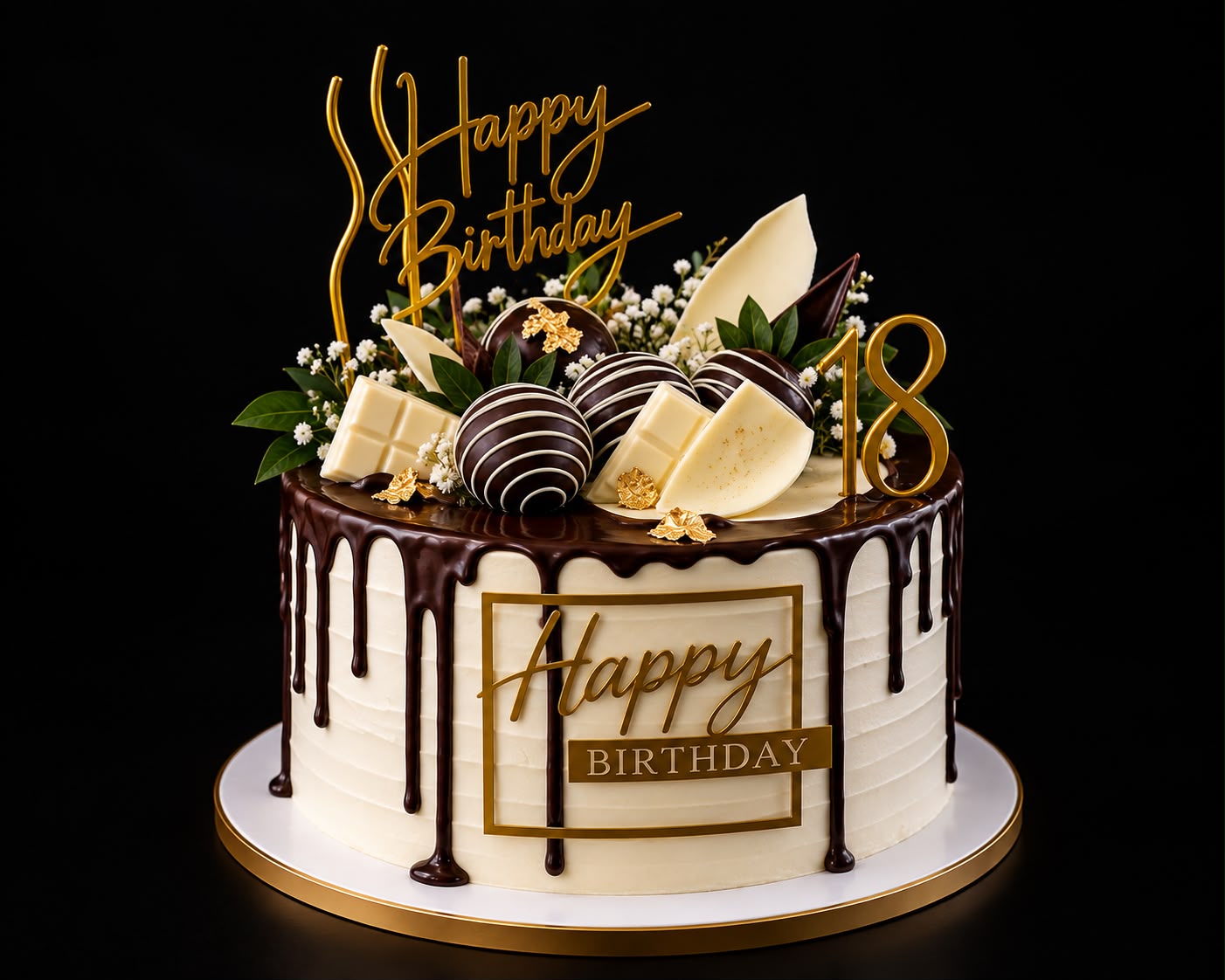 Geburtstagstorte mit Schokoladen-Drip, handgemachten Pralinen und goldenem Topper