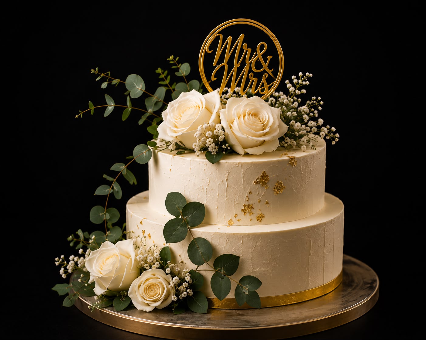 Zweistöckige Hochzeitstorte mit weißen Rosen, Eukalyptus und goldenem Mr-&-Mrs-Topper
